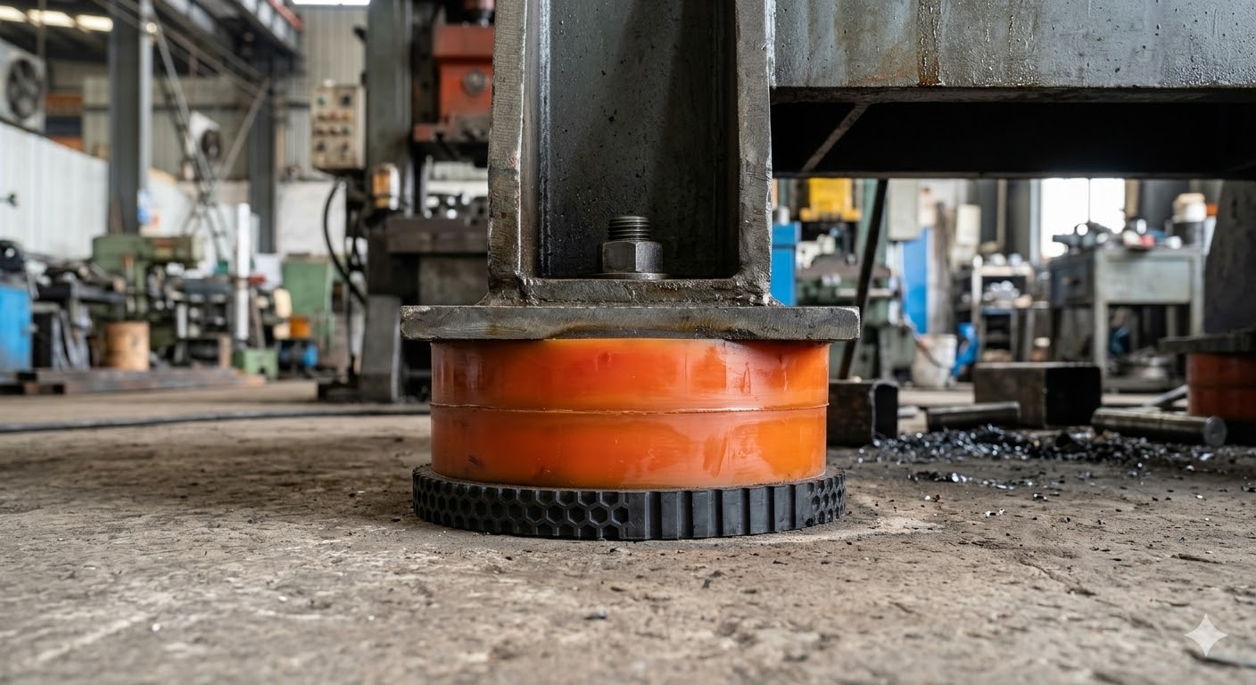 AI生成的工业设备减振脚垫与聚氨酯吸振结构示意图