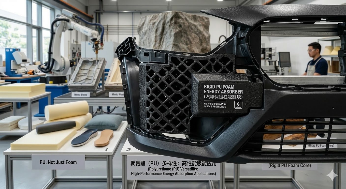 AI生成的汽车保险杠吸能块与聚氨酯缓冲结构示意图
