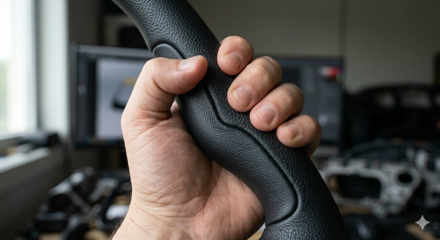 AI生成的自结皮表面纹理与手握包覆件触感示意图
