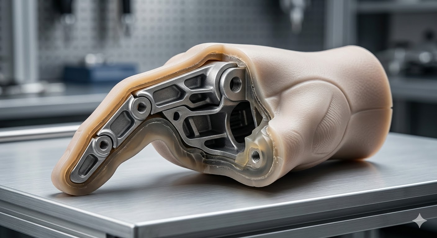 AI生成的软质聚氨酯包覆硬质骨架复合件示意图